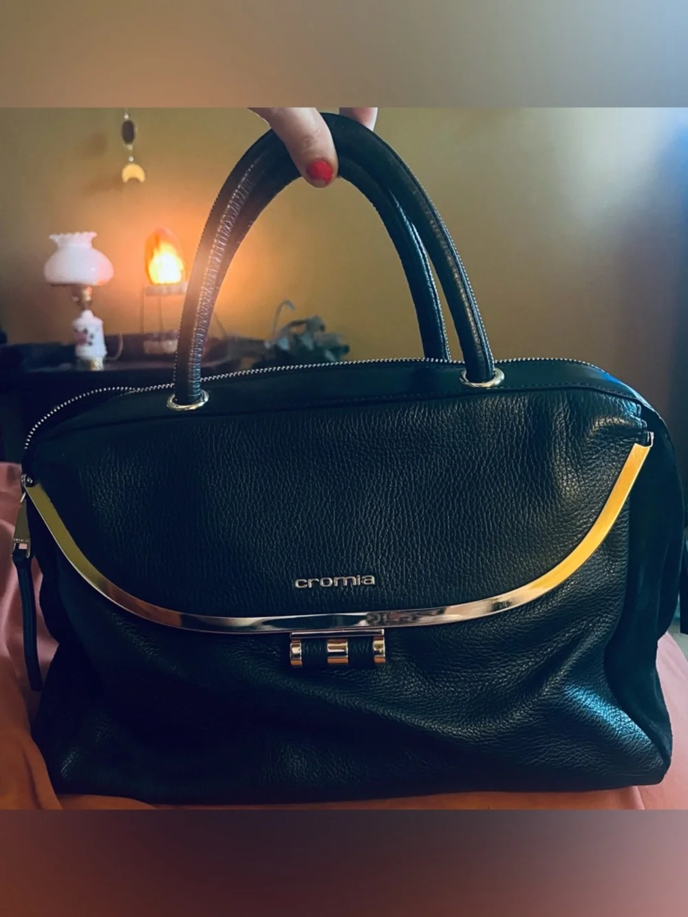 CROMIA Black Italian leather and suede satchel